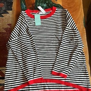 Black and White Striped Crew Neck Sweater